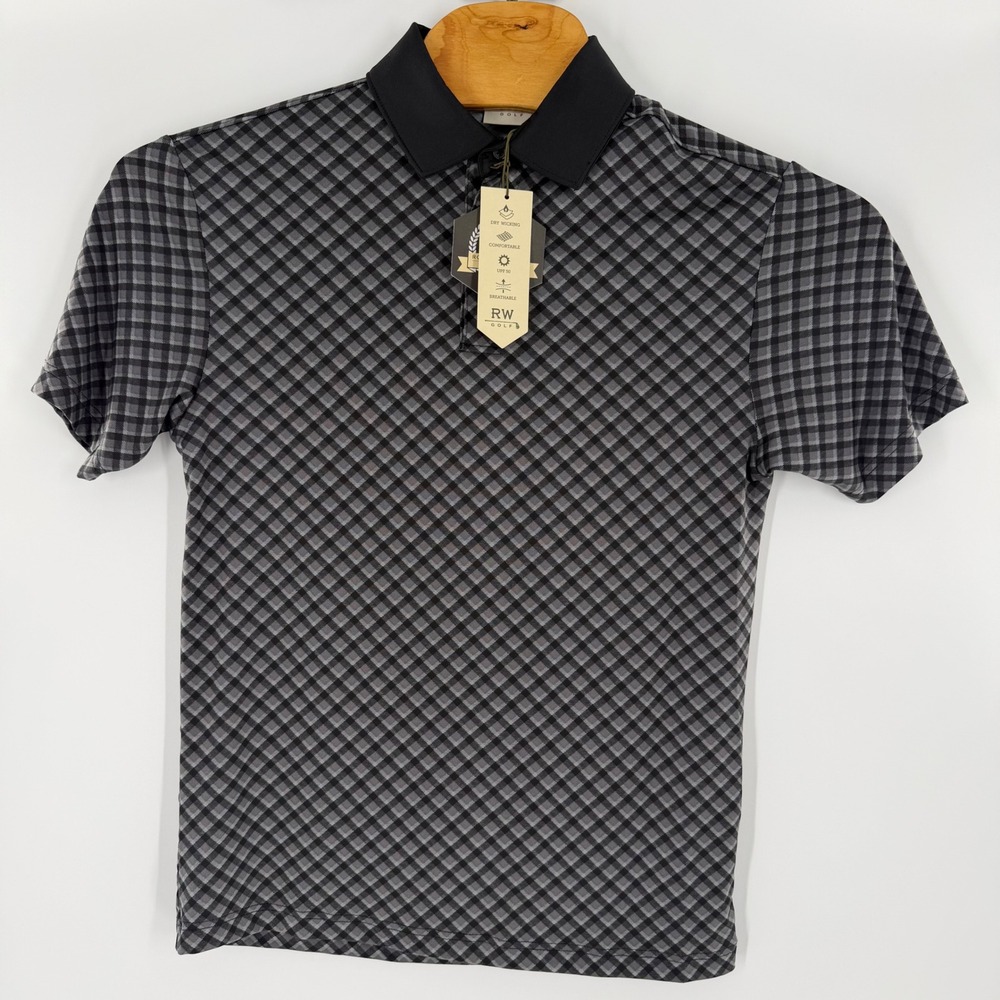 Rorie Whelan Golf Mens Small Polo Shirt Grey Black Diamond Check UPF 50 NWT